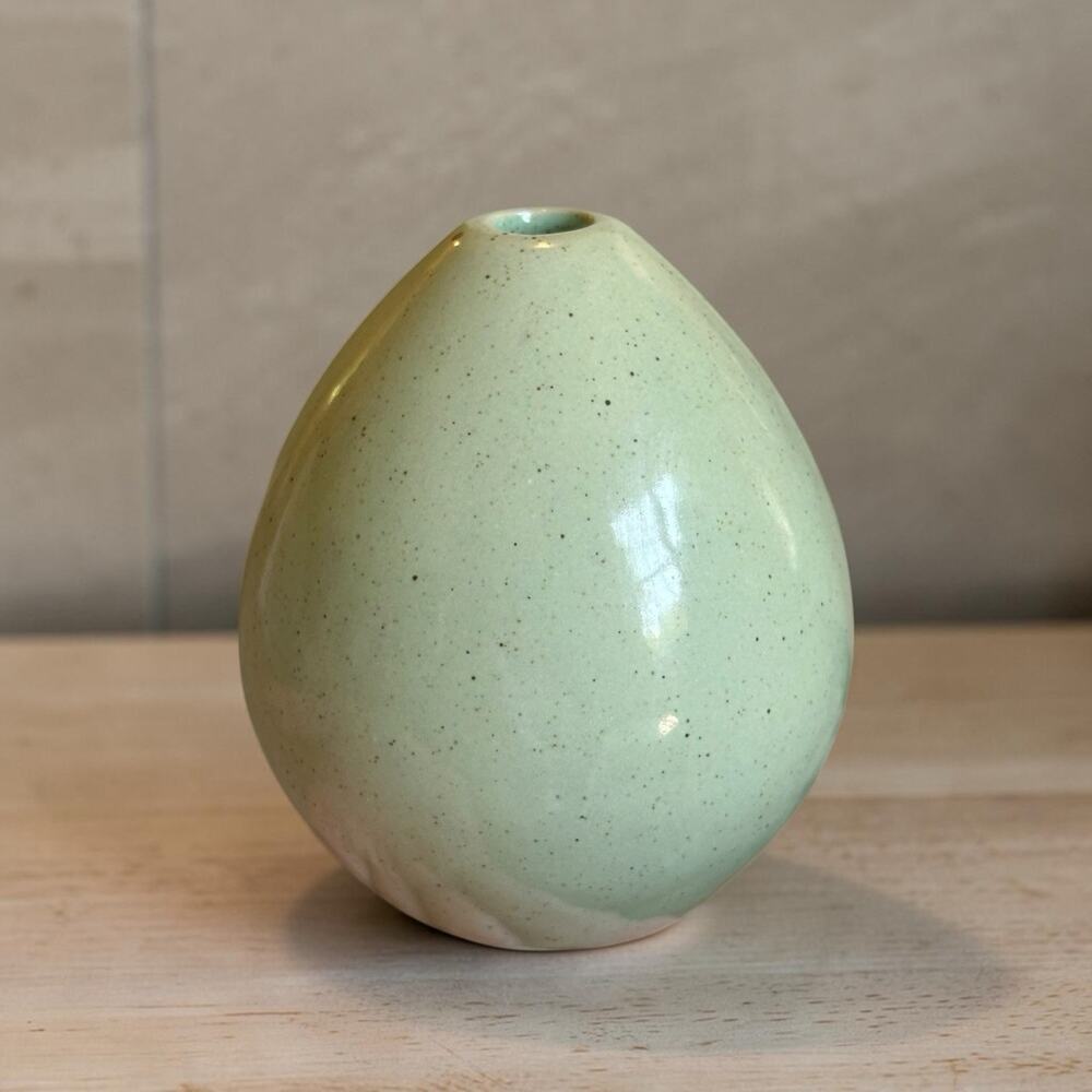 Vintage Mint Green Speckled Ceramic Bud Vase Art Pottery Egg Shape 4.5”